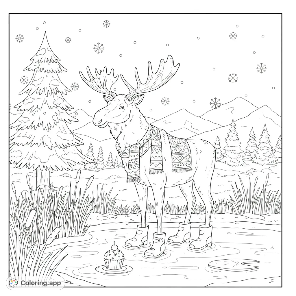 A charming moose in rubber ducky boots stands in a snowy pond, surrounded by winter mountains and snowflakes. A delightful winter scene for kids!