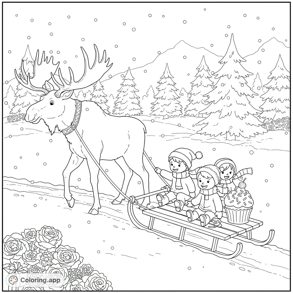 A charming winter wonderland coloring page featuring a moose pulling a sled with children, cupcakes, and falling snow. A free printable coloring page for kids!