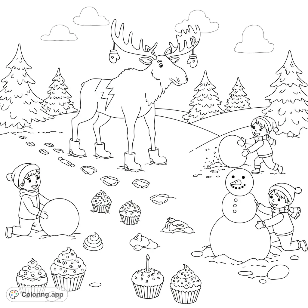 Explore a charming winter wonderland coloring page featuring a majestic moose, playful kids building a snowman, and scattered cupcakes. A delightful free printable winter coloring page for kids!