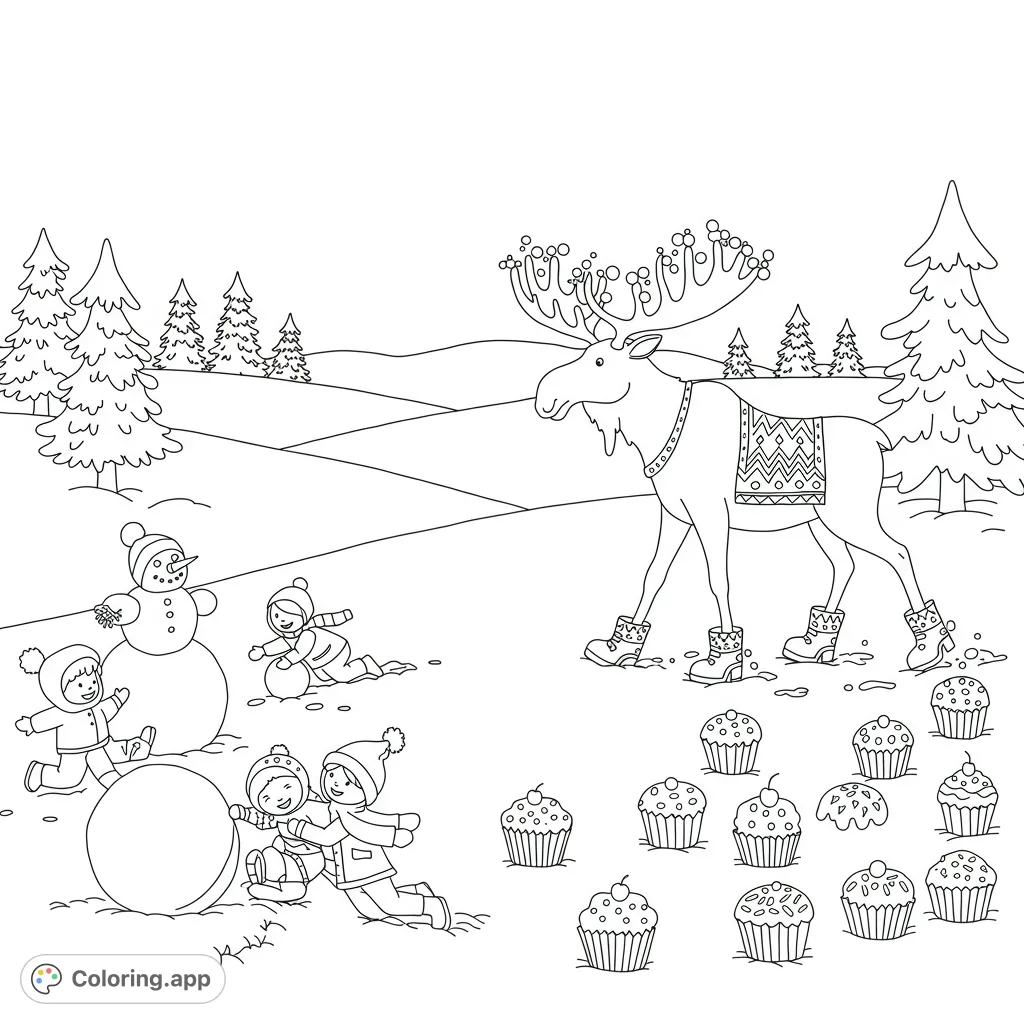 Explore a charming winter wonderland coloring page featuring a playful moose, kids building a snowman, and delightful cupcakes. A free printable coloring page for kids!