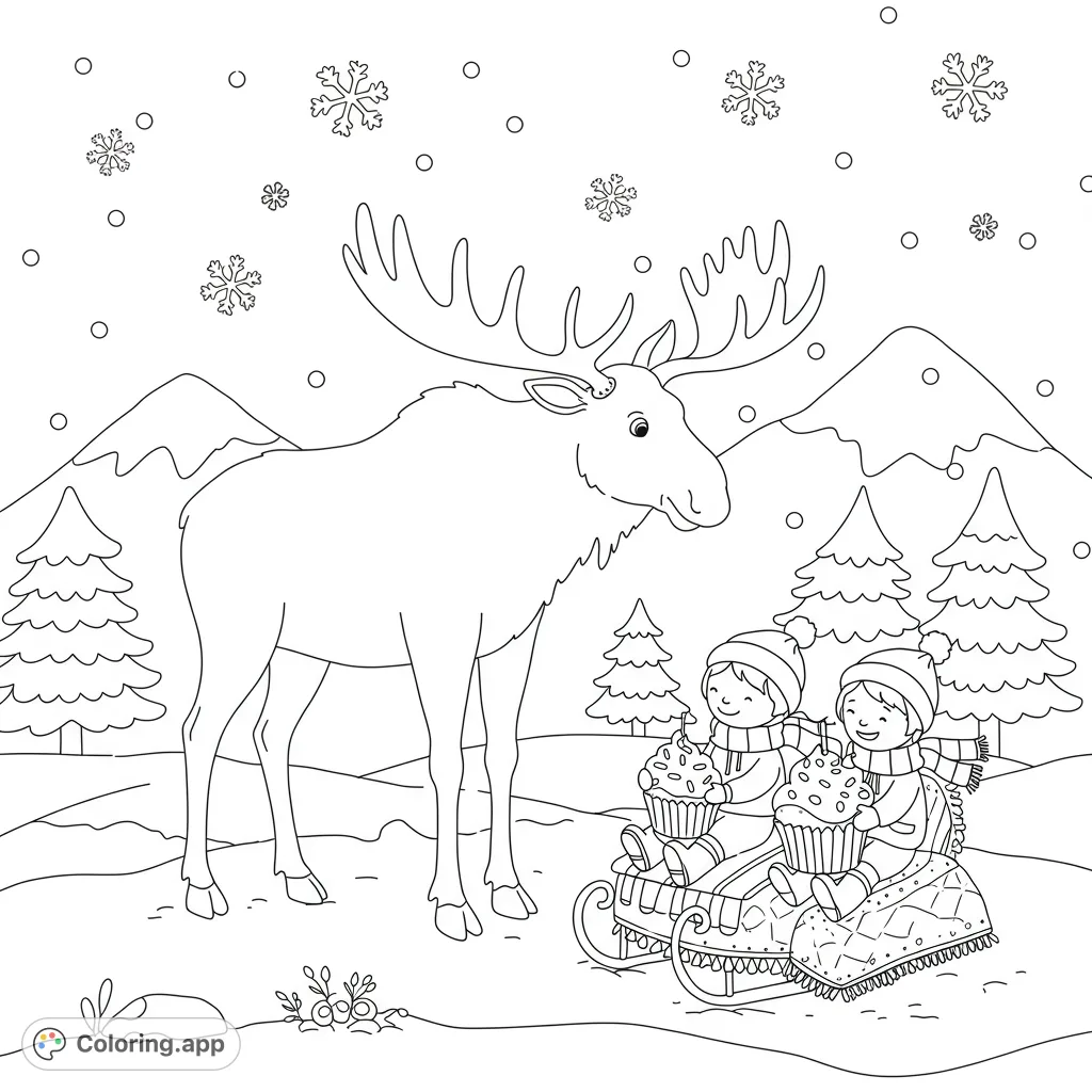 A heartwarming winter wonderland coloring page featuring a gentle moose, children with cupcakes on a sled, and falling snowflakes. Perfect for kids!