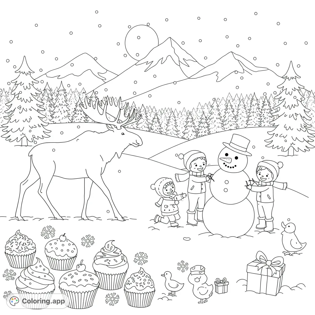 A charming winter scene featuring a majestic moose, playful children building a snowman, and whimsical cupcakes, perfect for a cozy coloring session.