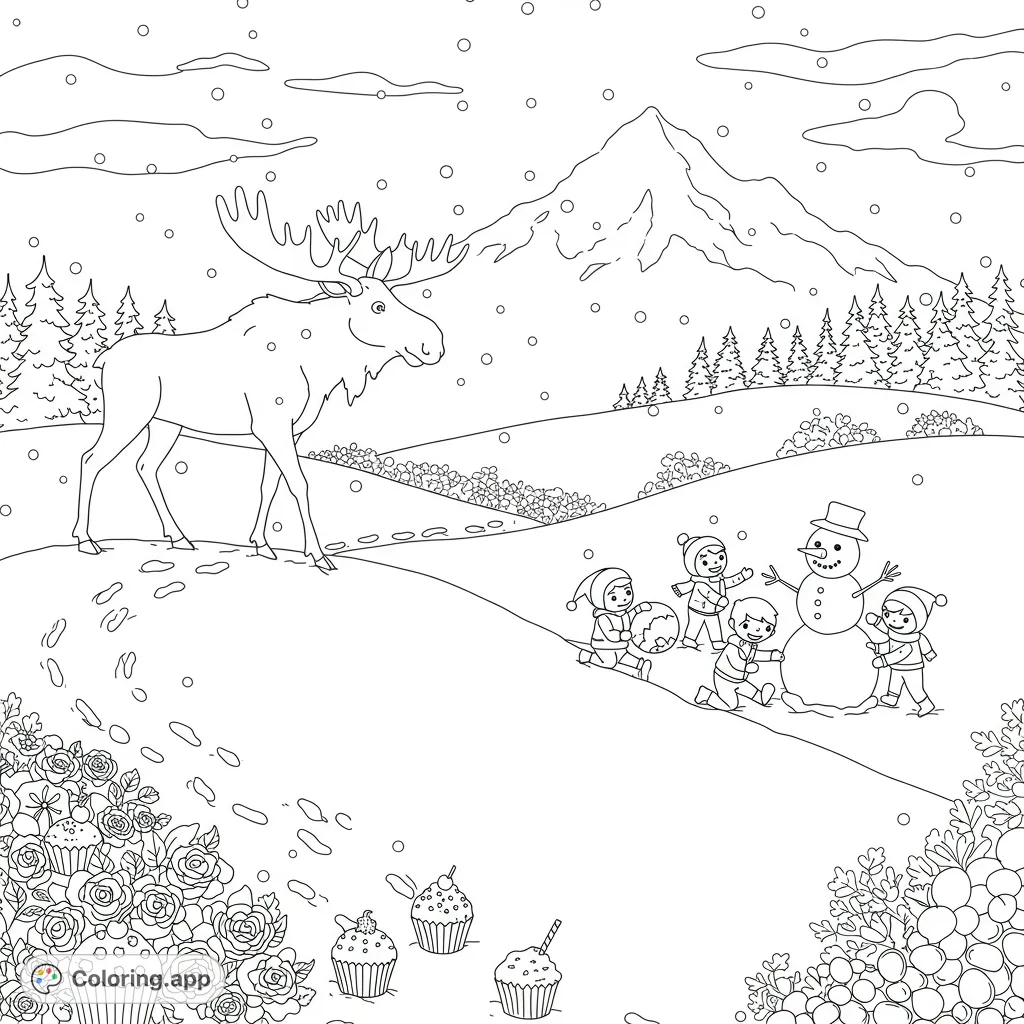 Explore a whimsical winter wonderland coloring page featuring a gentle moose, playful children building a snowman, and delightful cupcakes. Perfect for kids!