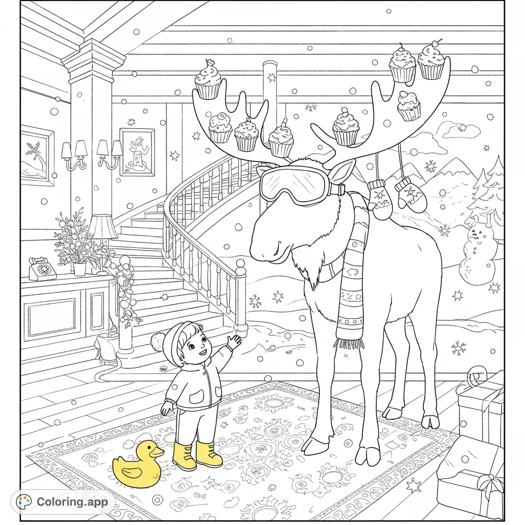 A charming winter wonderland coloring page featuring a friendly moose adorned with cupcakes and mittens, a child, and a cozy hotel lobby scene. Perfect for kids!