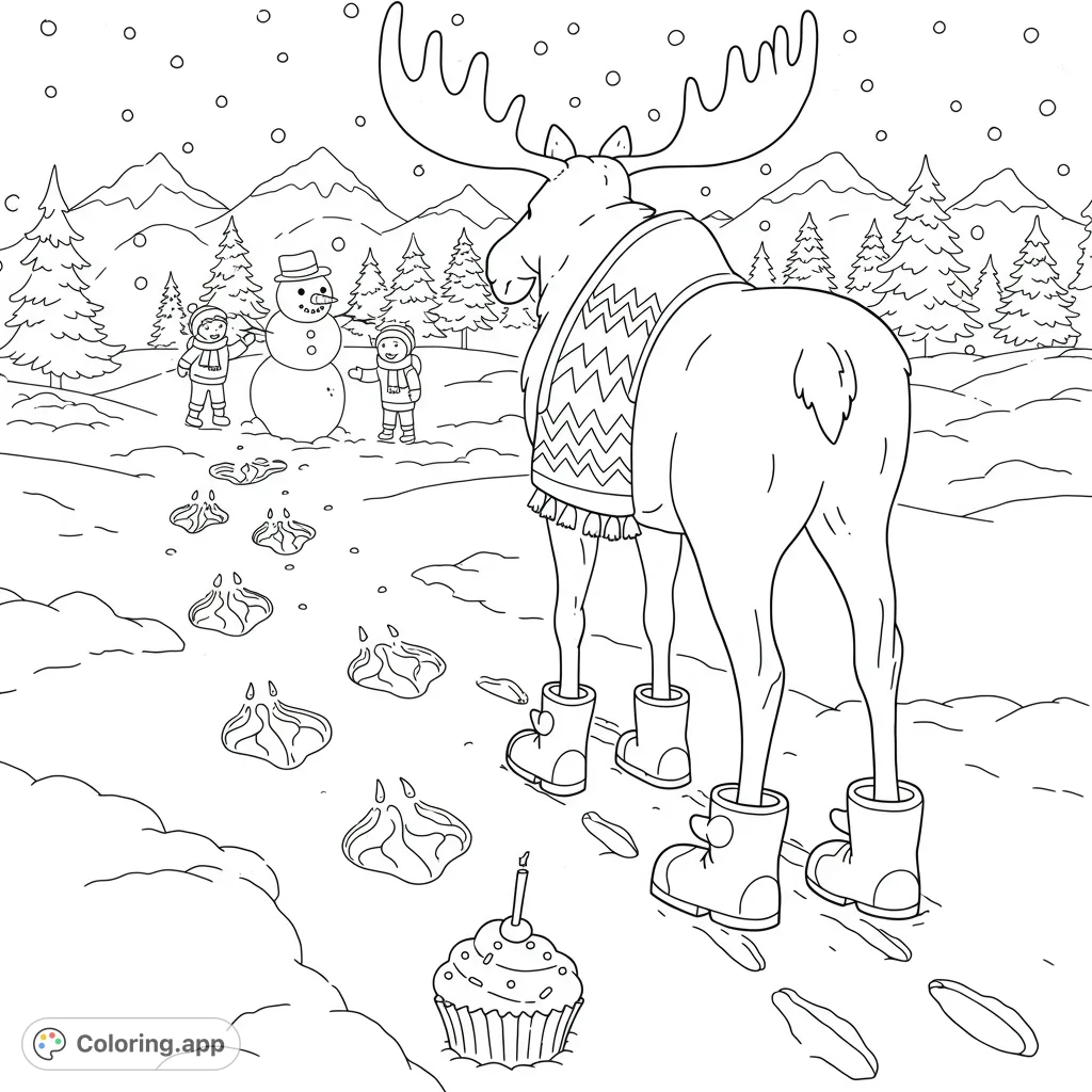Explore a whimsical winter scene featuring a moose in rubber duck boots, following a snowy path marked by cupcakes, with kids building a snowman in the background.