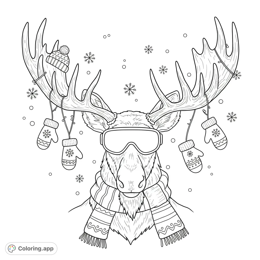 A charming cartoony moose with antlers adorned in winter wear and ski goggles, surrounded by swirling snowflakes, perfect for a cozy coloring session.