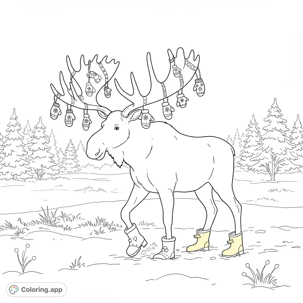 A charming moose with antlers adorned in mittens and wearing ducky boots ambles through a snowy meadow, perfect for a whimsical winter coloring page.