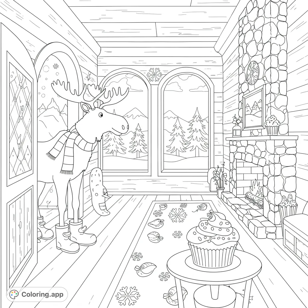 A charming cartoony moose in a scarf and rubber ducky boots explores a snowy hotel hallway, featuring a fireplace and a delightful cupcake.
