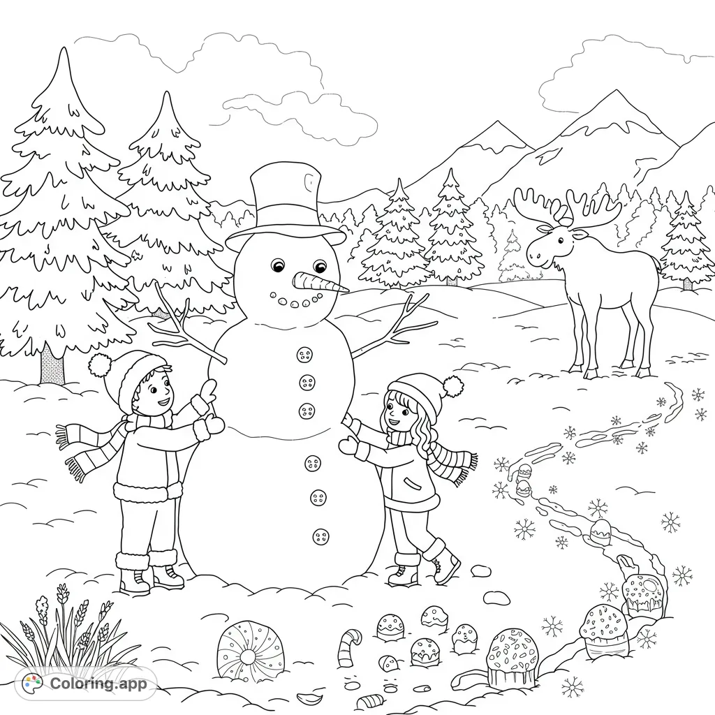 A delightful winter scene featuring three children building a snowman, with a friendly moose peeking from behind snow-covered pine trees. Perfect for kids!