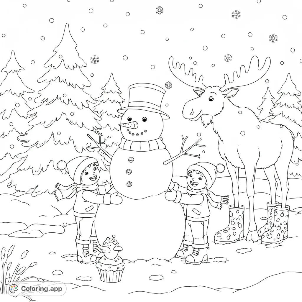 A delightful winter wonderland scene! Children build a snowman as a friendly, whimsical moose with unique boots and a beanie peeks from snowy pine trees. Perfect for kids!