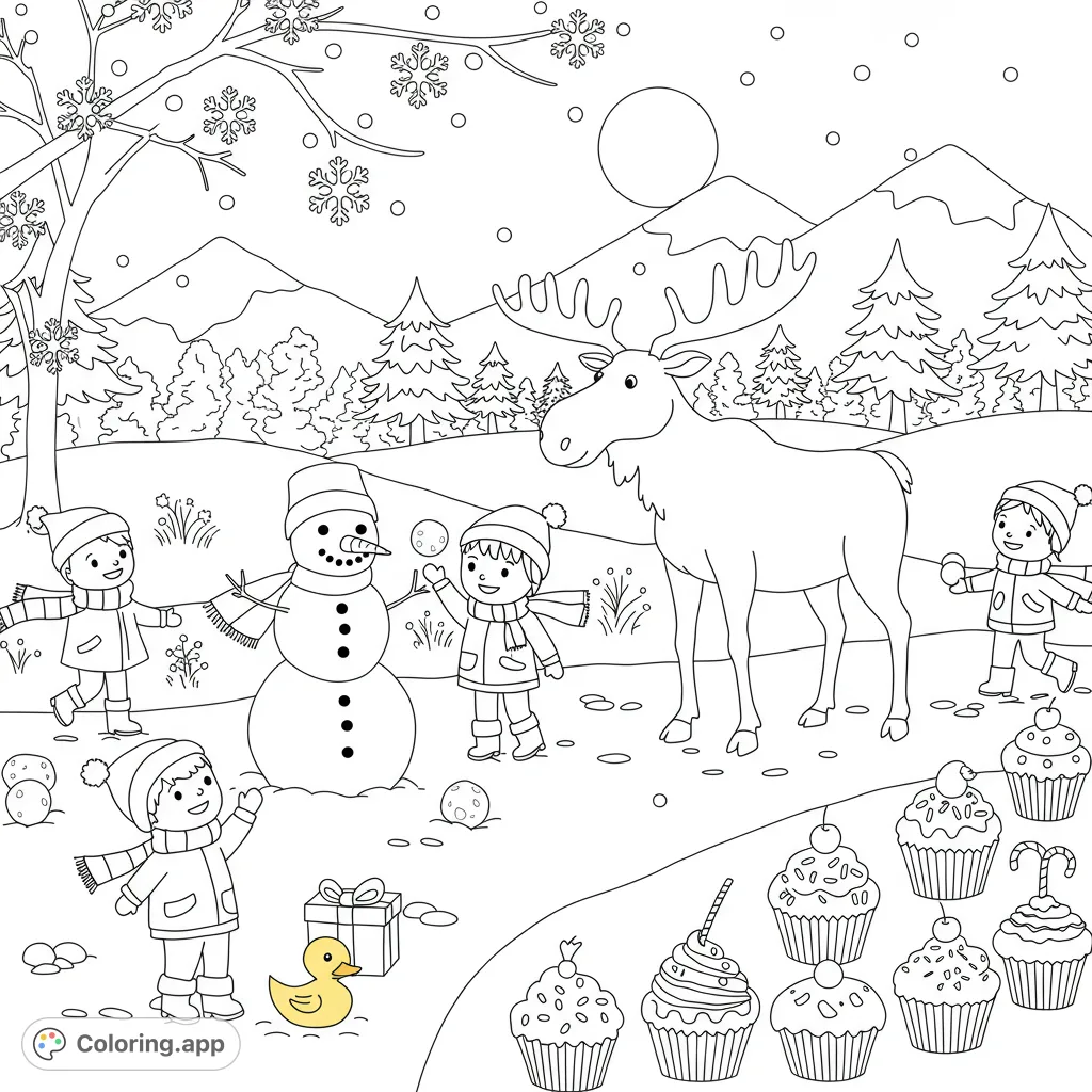 A delightful winter wonderland coloring page featuring cheerful children playing in snow, a majestic moose, and sweet cupcakes. Perfect for kids!