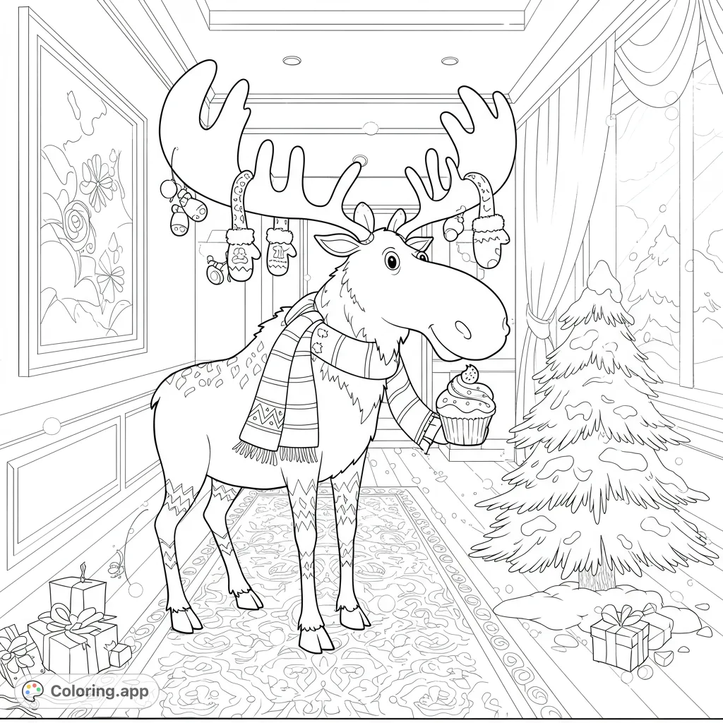A whimsical moose with enormous, glove-draped antlers holds a cupcake in a grand hotel hallway. A charming, detailed scene for creative coloring fun.