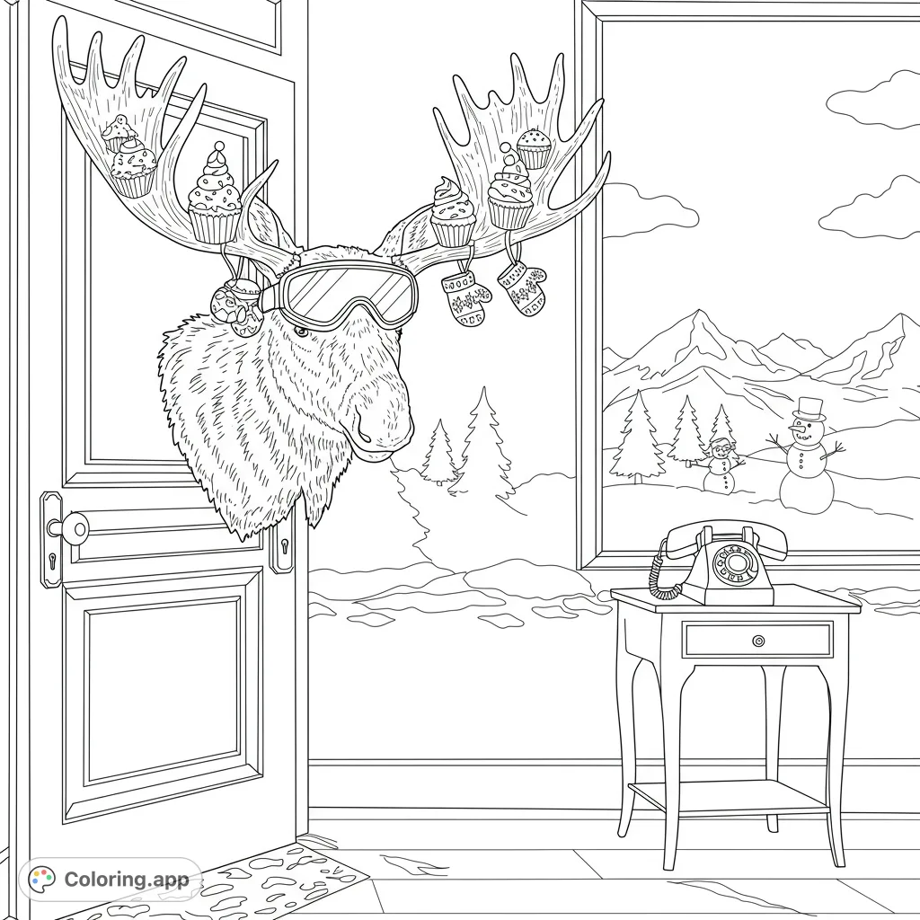 A whimsical moose with cupcake-adorned antlers peeks from a hotel room, hinting at a snowy winter wonderland outside. Perfect for a fun, cartoony coloring adventure.
