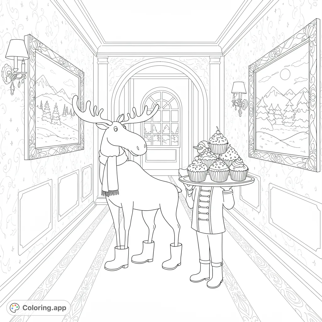 A charming whimsical winter moose coloring page featuring a friendly bellhop, delicious cupcakes, and a cozy hotel setting. Free printable coloring page for kids.