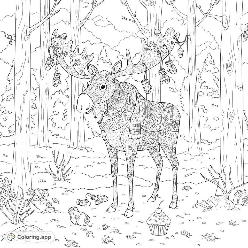 A charming moose with a scarf and whimsical antler decorations stands in a snowy pine forest, a cupcake nearby. Perfect for a delightful winter coloring page.