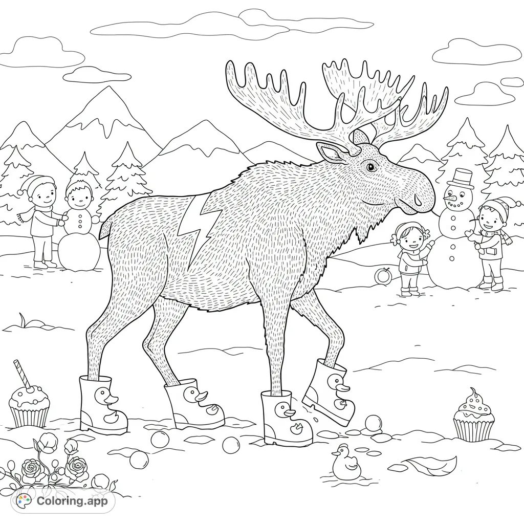 A whimsical moose in rubber ducky boots strides through snow, leaving a trail of cupcakes. Kids build a snowman in this charming winter scene.