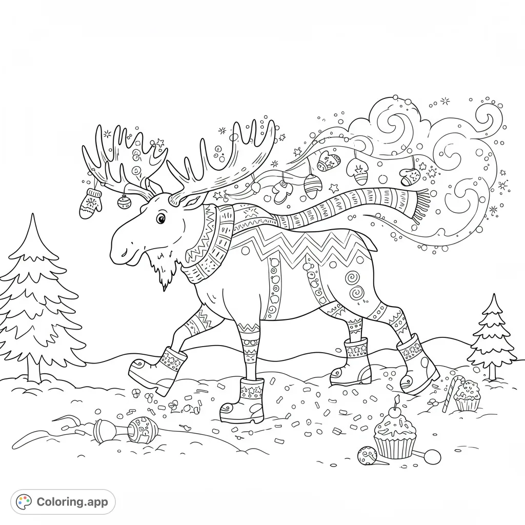 A whimsical moose with decorated antlers, rubber ducky boots, and a zig-zag pattern wanders through a snowy scene, leaving a trail of sprinkles.