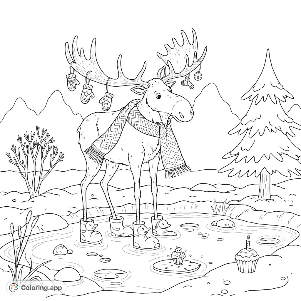 Dive into a whimsical winter scene featuring a charming moose with a patterned scarf, rubber ducky boots, and sprinkle trails. A delightful moose coloring page for kids!