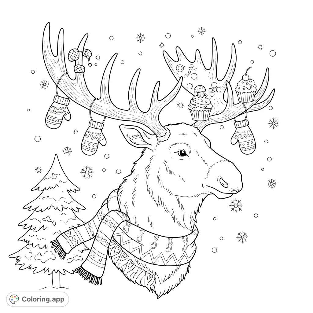 A whimsical moose portrait featuring a majestic moose with antlers adorned with lost gloves and mittens, a patterned scarf, and a sweet cupcake. Perfect for a fun coloring adventure!