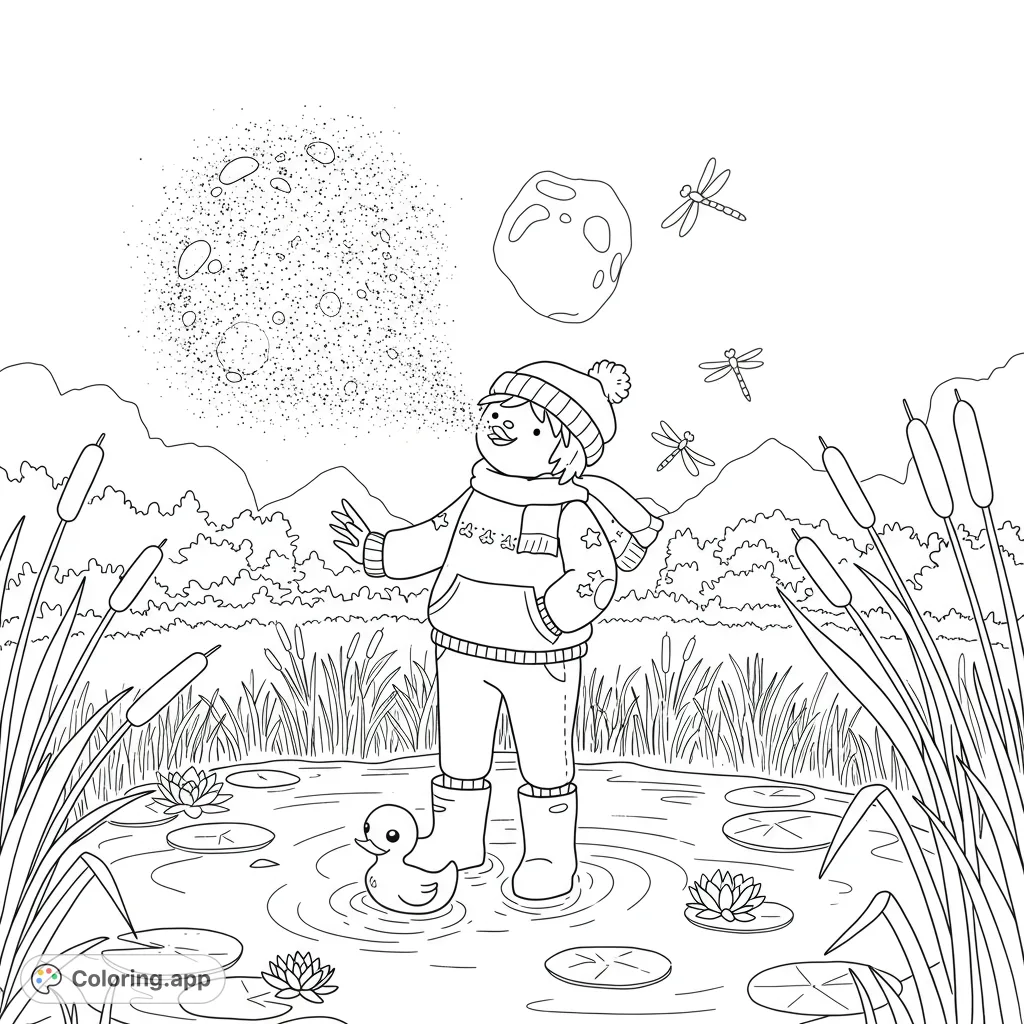 A whimsical figure in rubber ducky boots creates a magical bubble filled with shimmering snow dust in a serene winter pond, surrounded by pinetrees and a friendly moose.