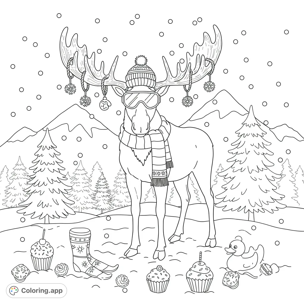 A charming moose with decorated antlers and ski goggles stands in a snowy scene with pinetrees, mountains, cupcakes, and rubber ducky boots.