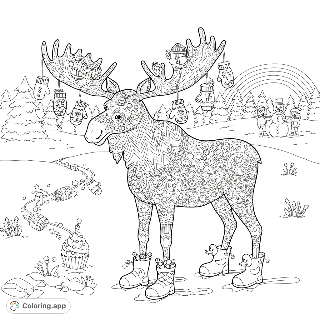 A delightful winter scene featuring a proud moose with unique accessories, children building a snowman, and whimsical details in a snowy landscape.