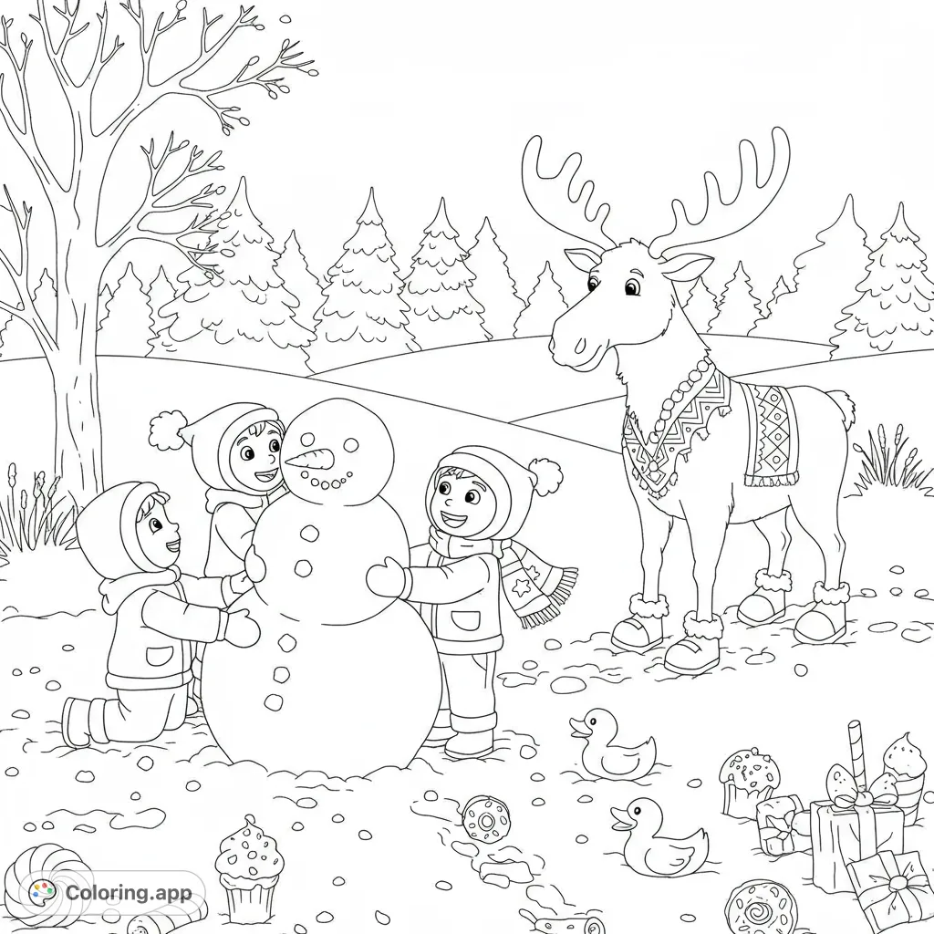 A delightful winter wonderland scene featuring children building a snowman and a charming moose with snow-capped antlers, leaving a trail of cupcakes.