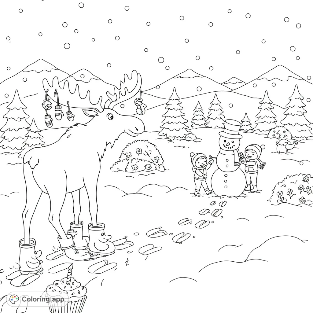 Explore a whimsical winter wonderland coloring page featuring a playful moose, children building a snowman, and cupcake tracks. A free printable winter wonderland coloring page for kids!