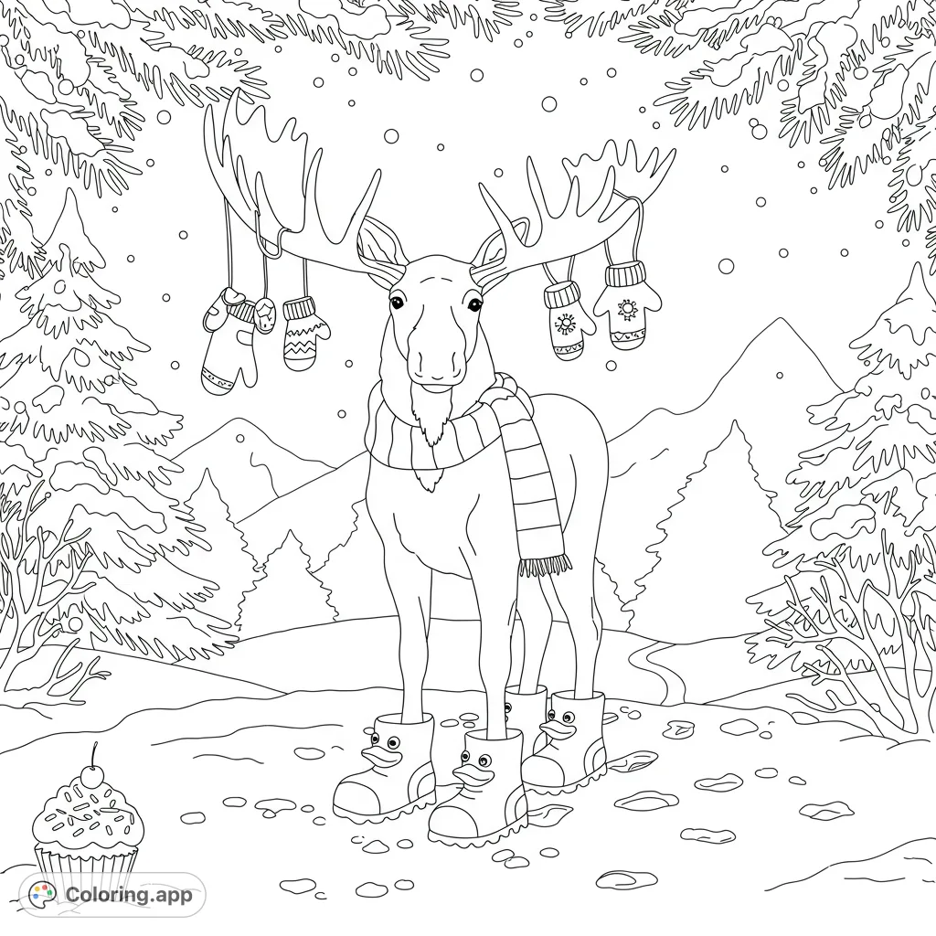 A charming, cartoony moose in rubber ducky boots, adorned with mittens and a scarf, stands in a snowy scene with cupcakes and a winter mountain.