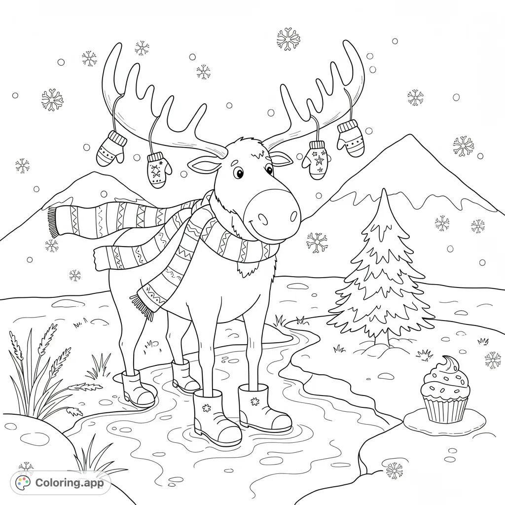 A friendly moose in rubber ducky boots, adorned with mittens, stands in a snowy stream with a pinetree and cupcake, perfect for kids.