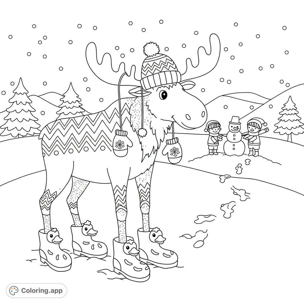 A charming winter scene featuring a whimsical moose with unique boots and a beanie, alongside children building a snowman. Perfect for creative fun!