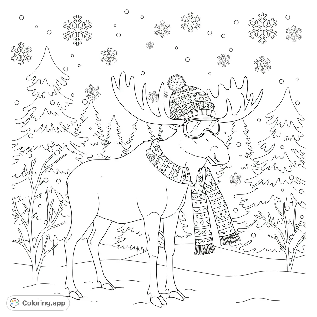 A charming moose with decorated antlers and ski goggles stands in a snowy forest, surrounded by large snowflakes. A delightful moose coloring page for kids!