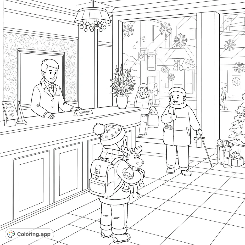 A charming winter moose coloring page featuring a child with a fluffy moose toy at a hotel front desk, with snowflakes outside. Perfect for kids!