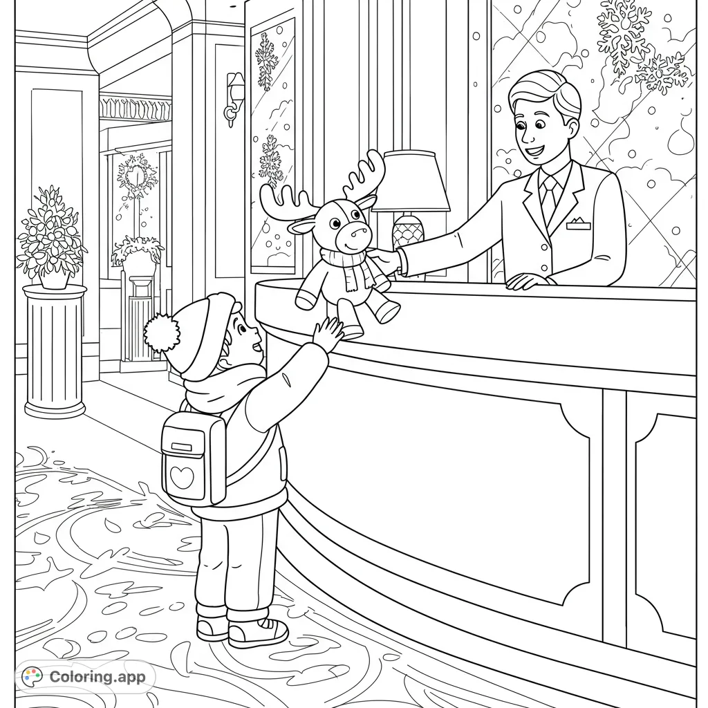 A delightful winter moose coloring page featuring a child in a winter hat receiving a plush moose from a hotel agent, with snowflakes falling. Free printable coloring page for kids.