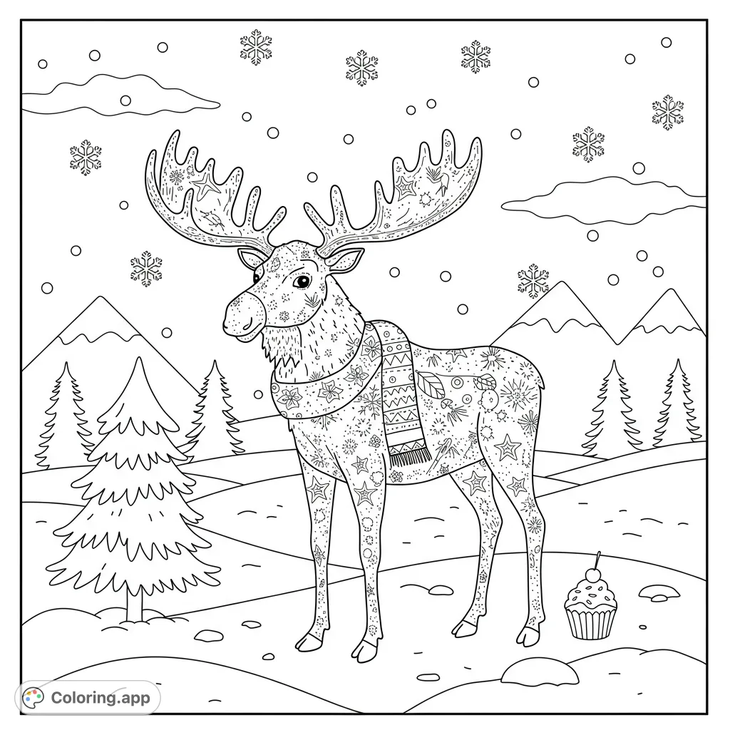A charming moose in a snowy mountain scene, adorned with a scarf, surrounded by pine trees, snowflakes, and a sweet cupcake. Perfect for winter fun!