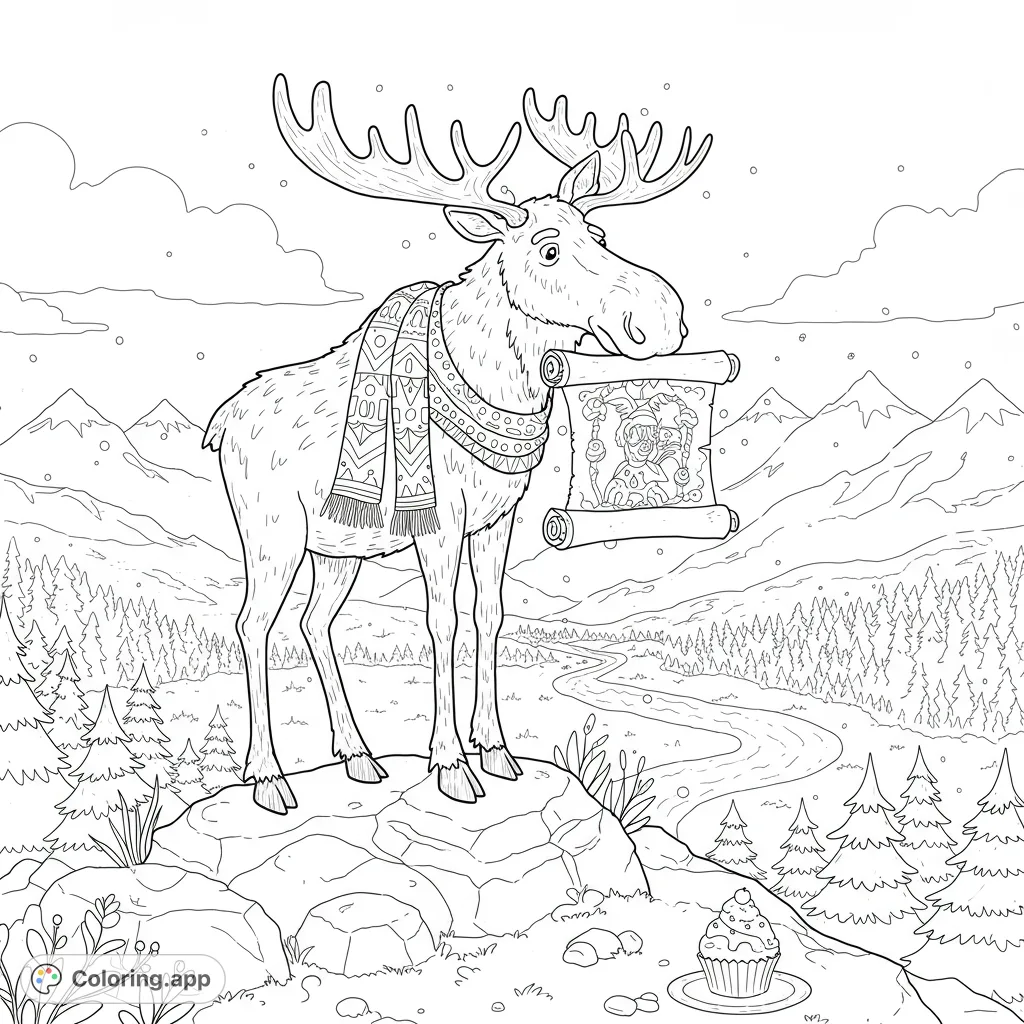 A wise moose with a scarf holds an ancient scroll on a snowy mountain, overlooking a valley with pinetrees and a river. Perfect for a cozy winter coloring page.
