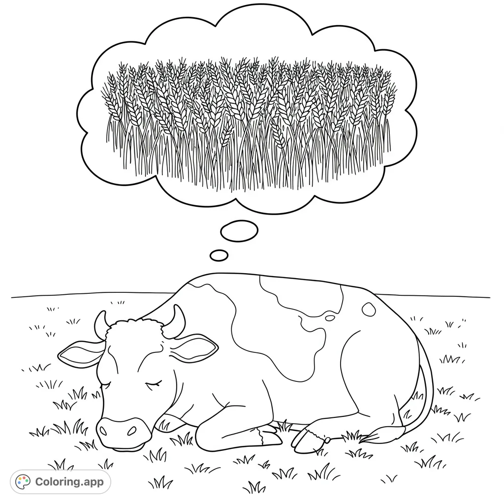 A serene cow dreams of abundant wheat fields, a peaceful scene inviting reflection and creativity. Perfect for all ages.
