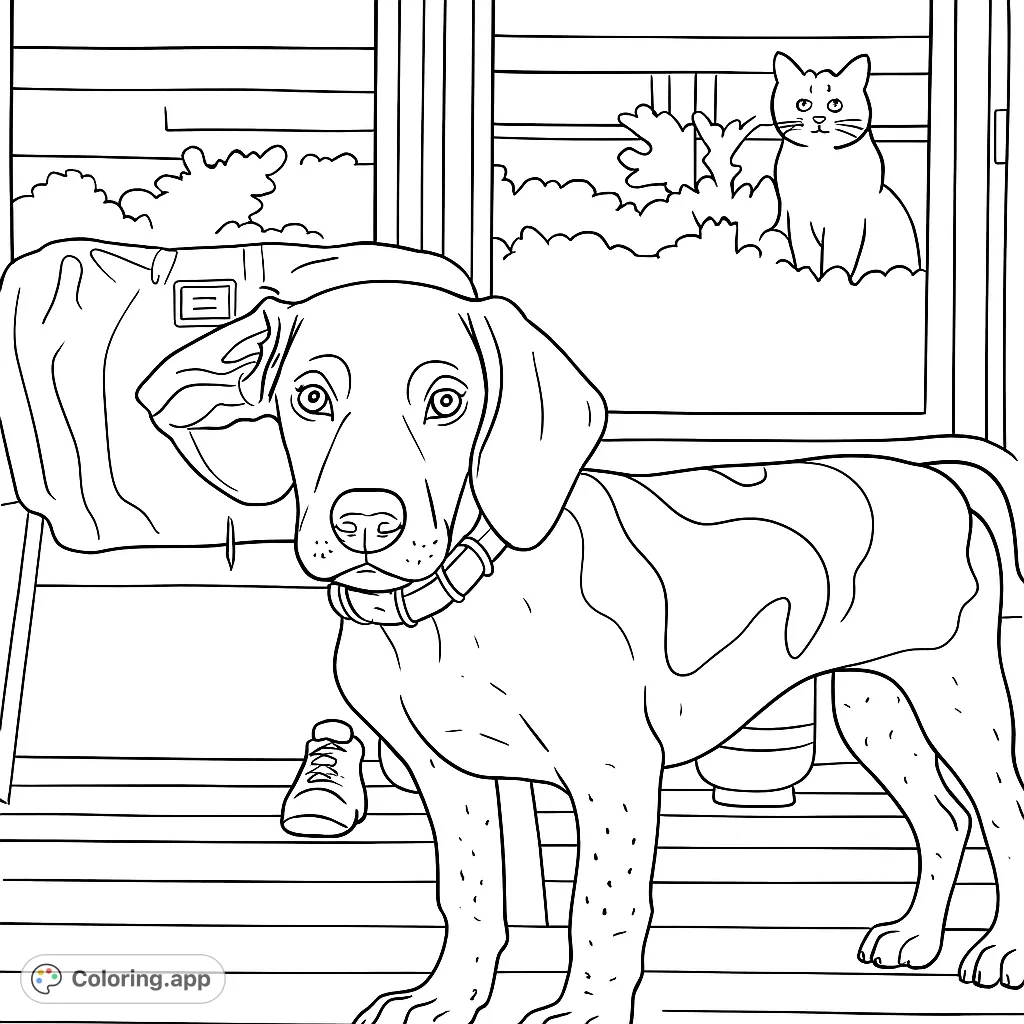 A charming puppy with distinctive markings stands on a deck, while a curious cat peeks from a window in the background. A delightful scene for animal lovers.