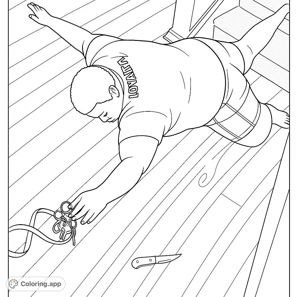 A mysterious scene unfolds on a wooden floor, featuring a person lying prone, keys, and a knife. A dramatic and thought-provoking coloring page.