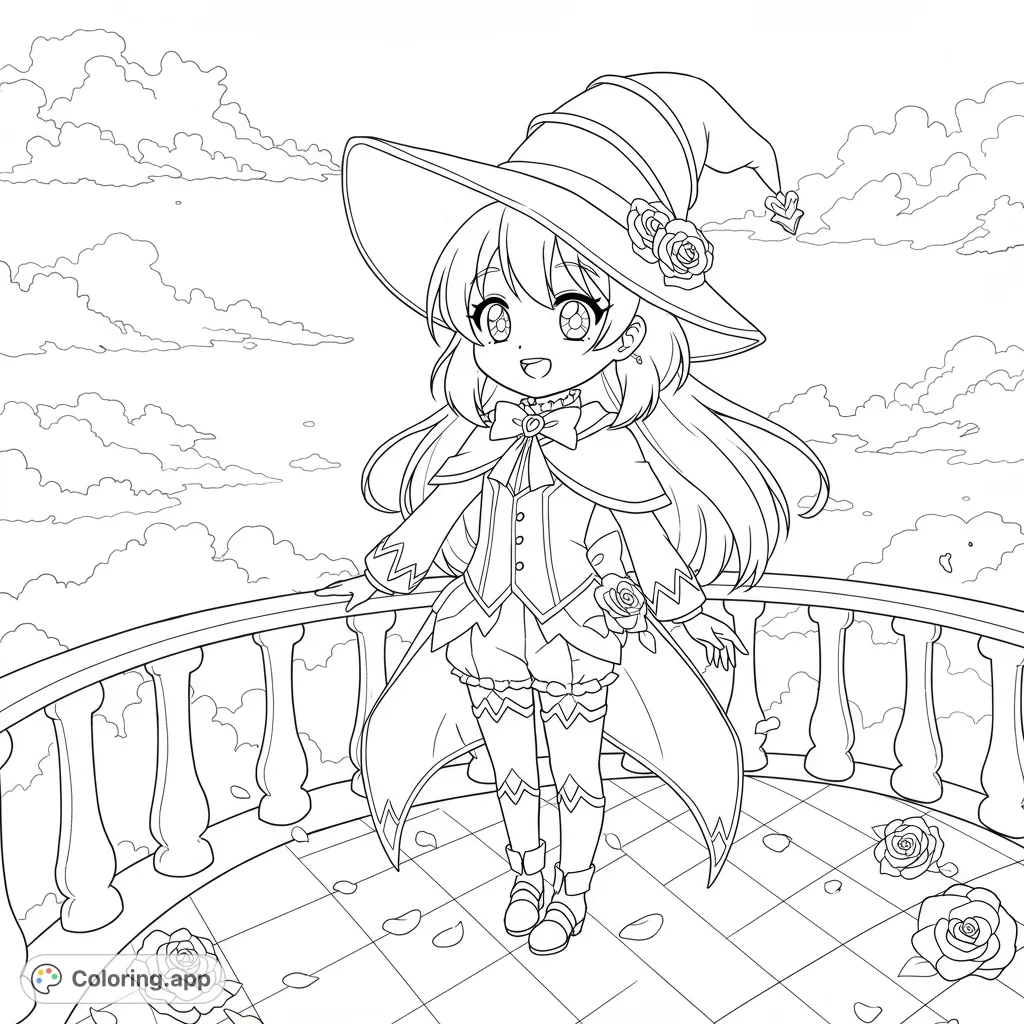 Discover an ultra-cute kawaii anime-style magical girl standing on a balcony above swirling clouds. Perfect for imaginative coloring fun!