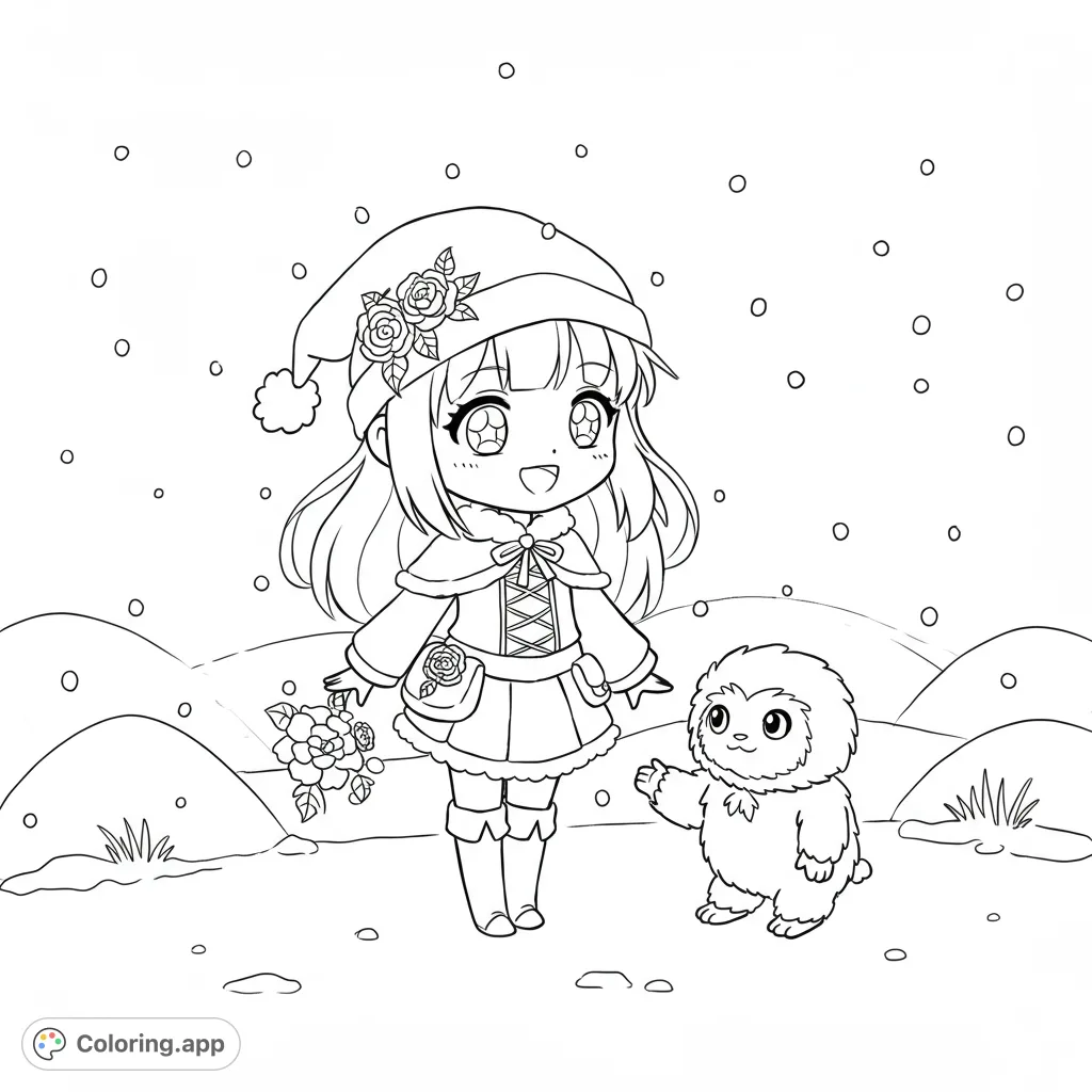 An ultra-cute kawaii anime-style magical girl befriends a fluffy baby yeti in a charming snowy scene, perfect for imaginative coloring.