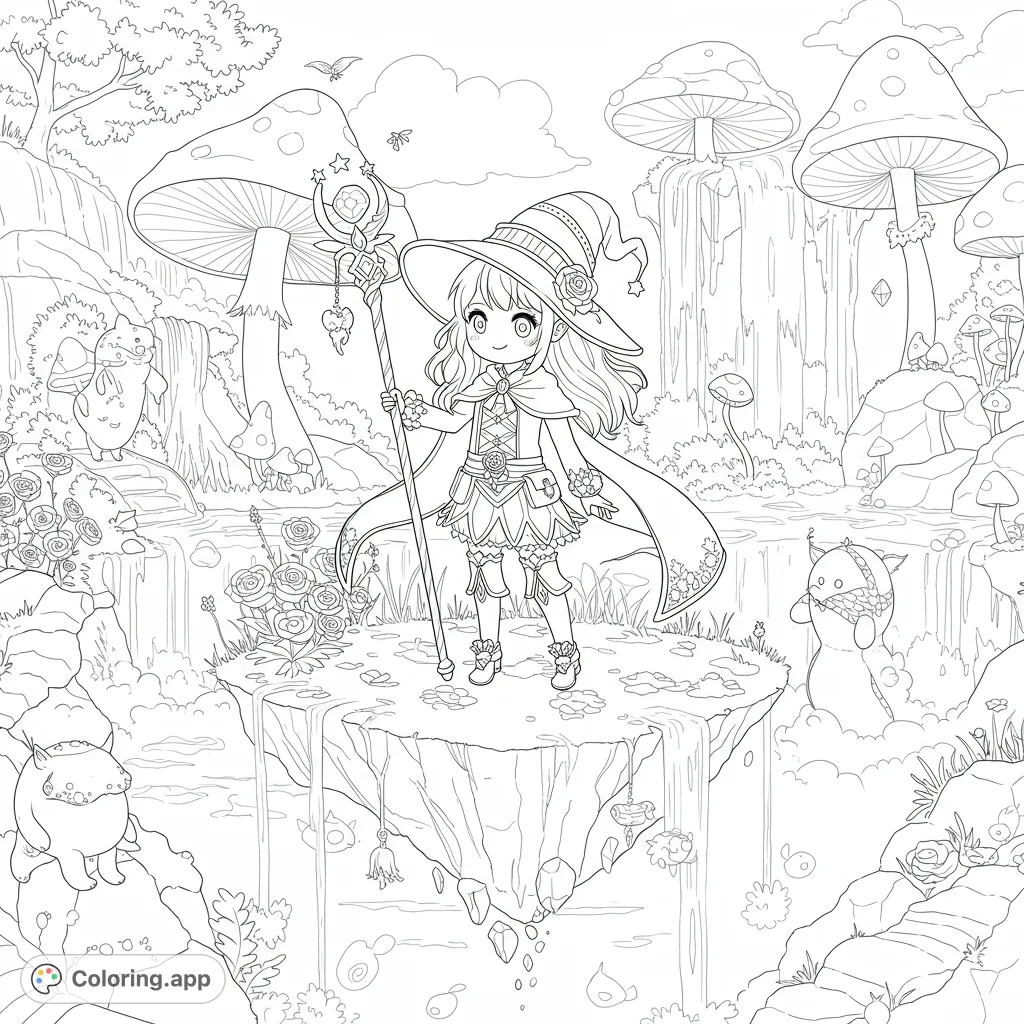 Embark on a magical adventure with a cute girl on a floating island, surrounded by whimsical creatures and sparkling waterfalls. A detailed fantasy coloring page!
