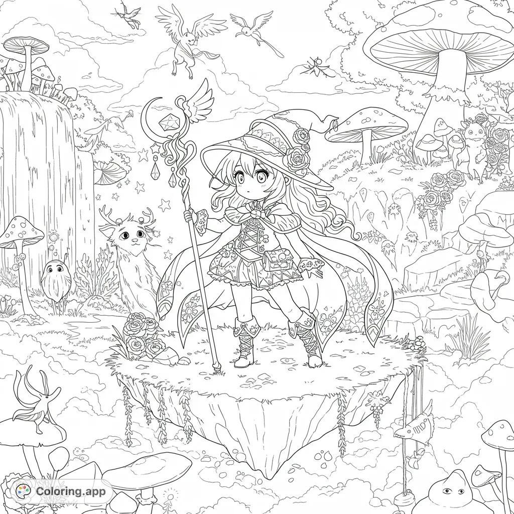 Embark on a magical adventure with a cute girl on a floating island, surrounded by whimsical creatures and sparkling waterfalls. A detailed fantasy coloring page!