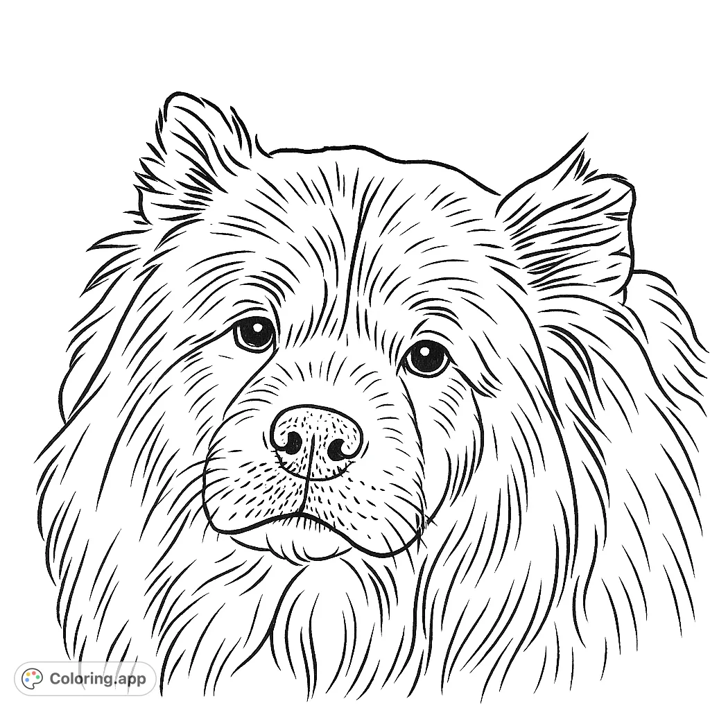 A charming fluffy dog coloring page, free printable! Features a lovable canine with a voluminous mane, rendered in a hand-drawn sketch style for moderate detail.