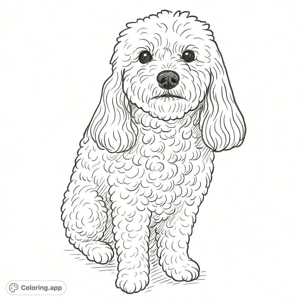 A delightful fluffy dog in a seated pose, perfect for a hand-drawn sketch appearance. A charming poodle coloring page for pet lovers.