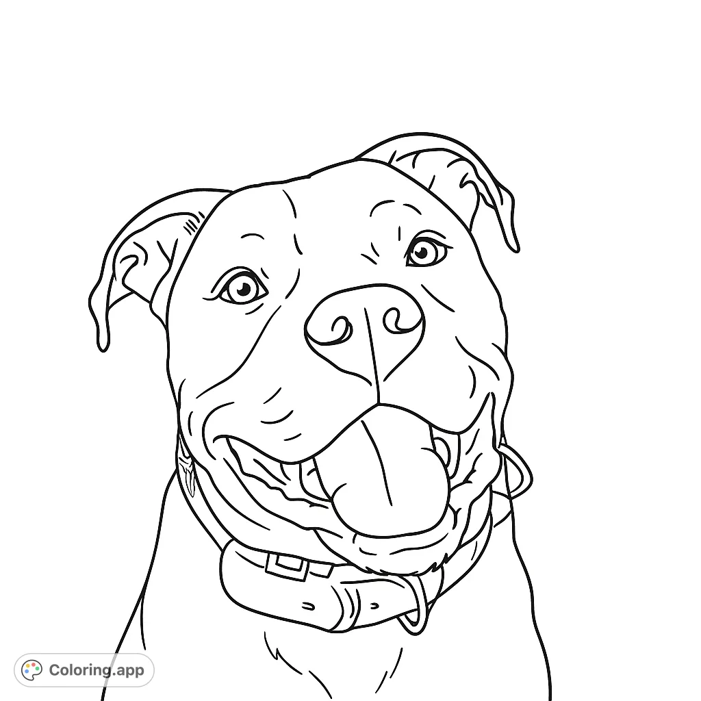 A charming hand-drawn sketch of a smiling dog with distinct markings and a collar, ready for creative coloring. A joyful dog coloring page for all ages.