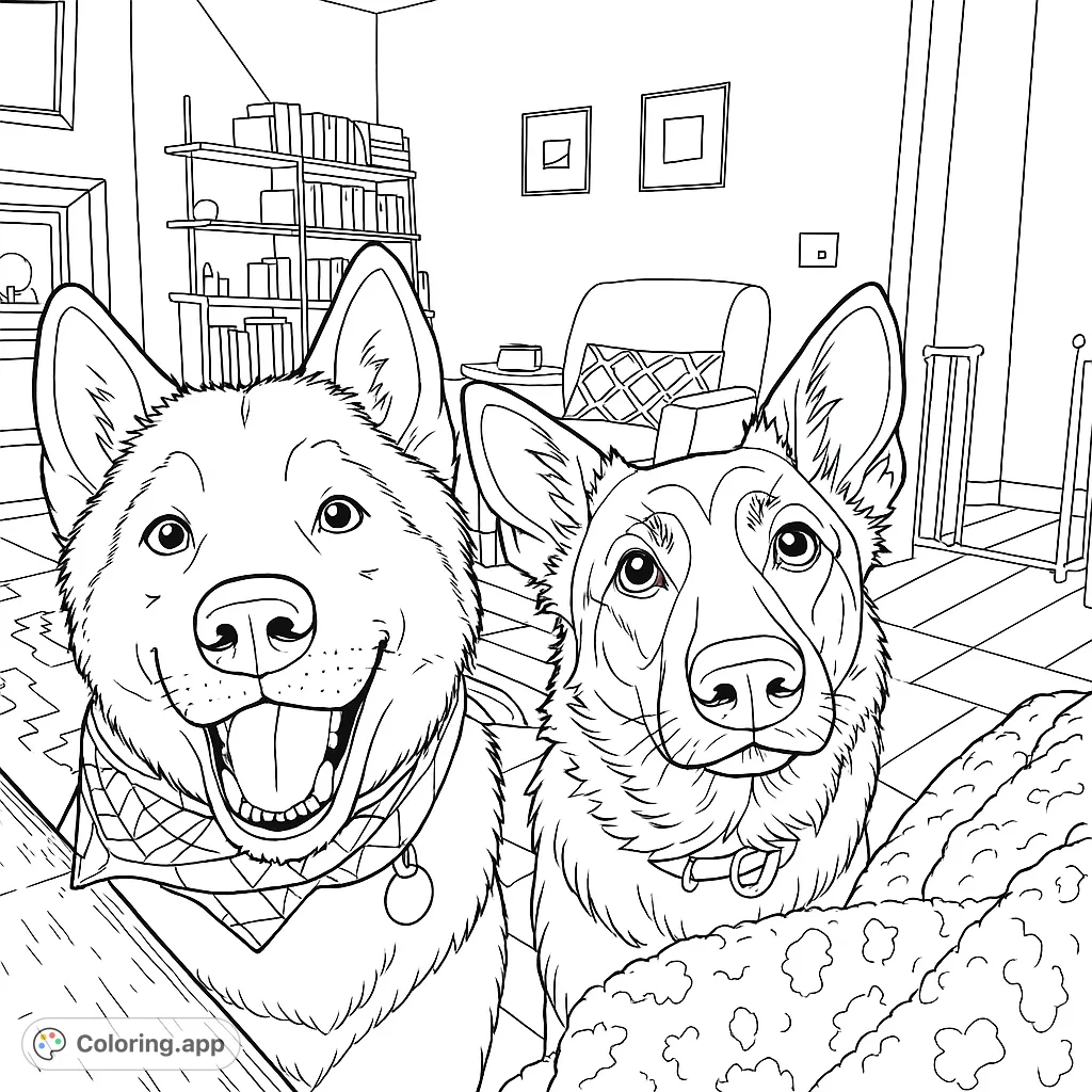 A delightful coloring page featuring two friendly dogs, a husky and a shepherd, ready for a fun coloring adventure. Perfect for dog lovers!