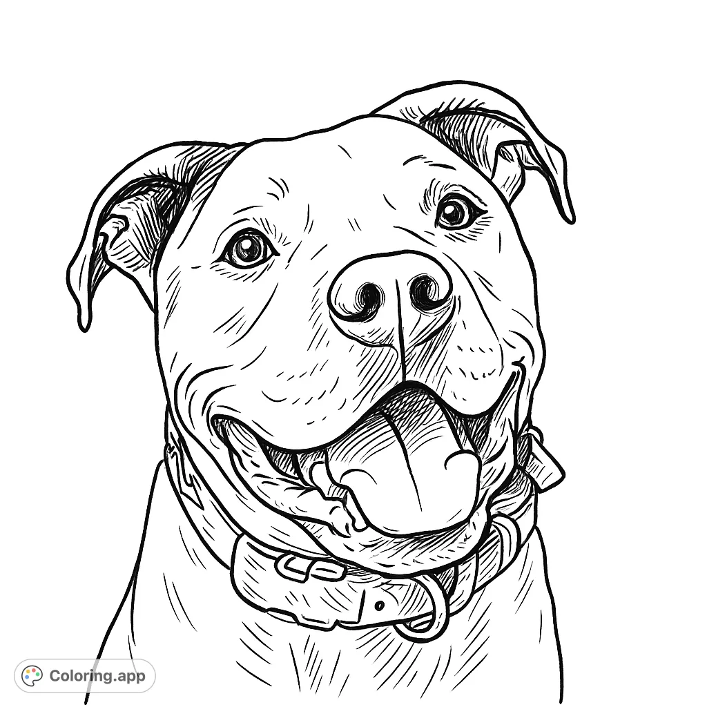 A joyful dog portrait, perfect for a relaxing coloring session. This hand-drawn sketch features a happy canine with expressive eyes and a wide, open-mouthed smile.