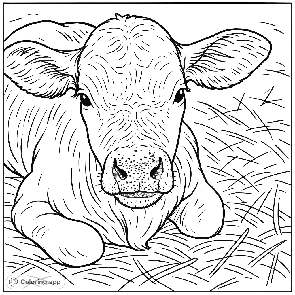A charming calf rests peacefully, inviting you to add vibrant life to its gentle features and the rustic farm setting. Perfect for animal lovers!