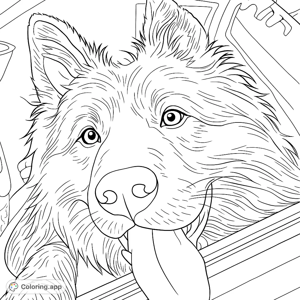 A charming close-up of a fluffy dog with its tongue out, ready for a fun coloring adventure. Perfect for dog lovers of all ages.
